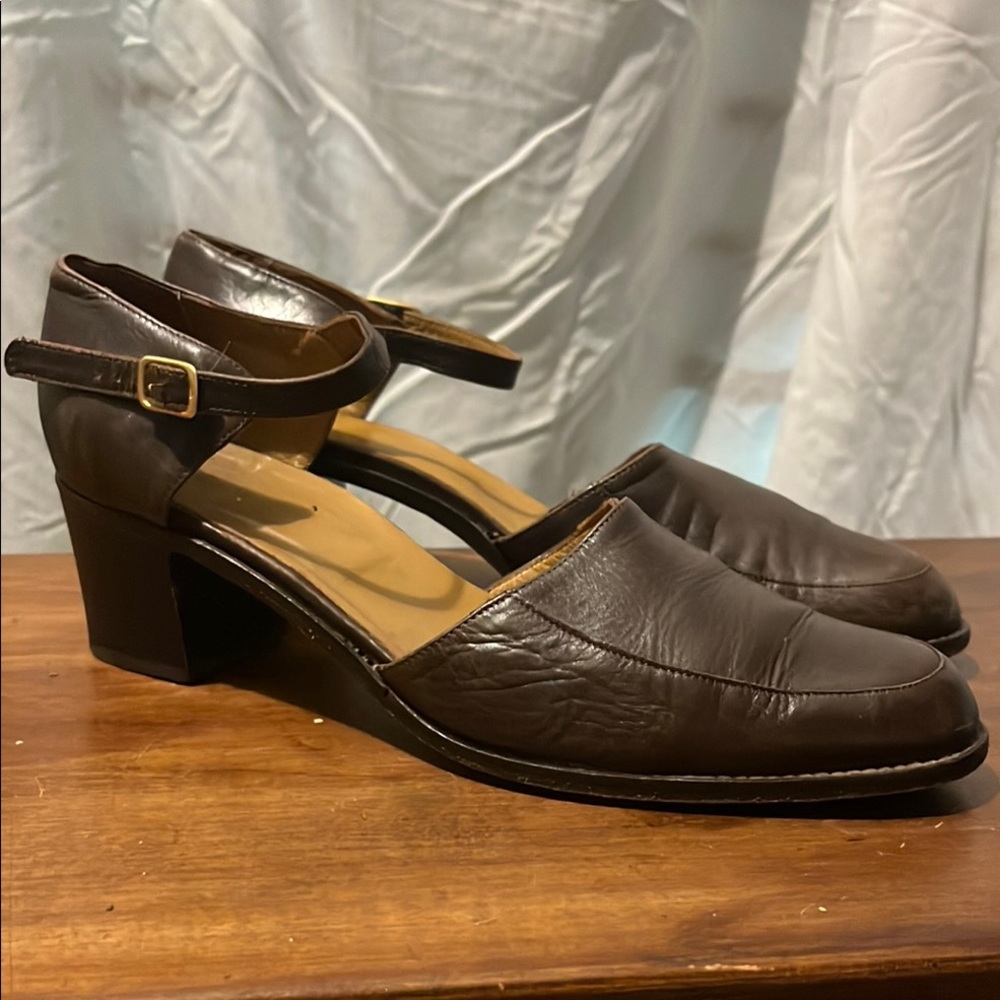 J. Crew Vintage Classic Brown Italian Leather Ankle-Strap Block Heel Pumps
